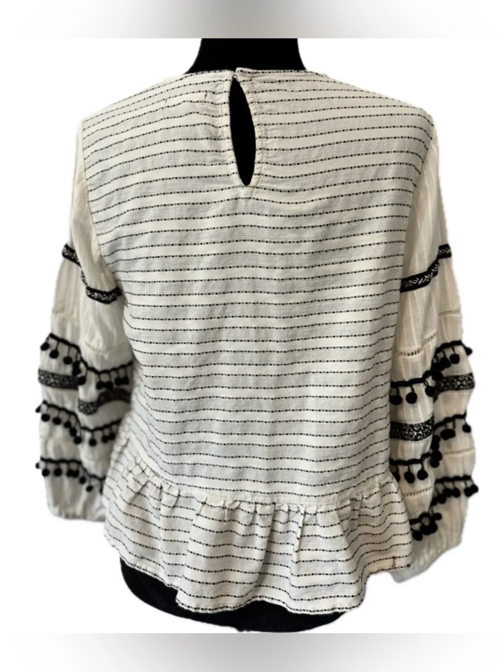 Zara Embroidered Pom Pom Peplum Blouse M Boho Cottagecore Top Festival